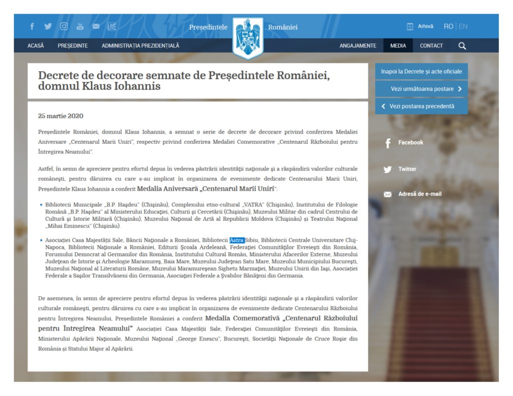 Biblioteca Județeană ASTRA Sibiu a primit Medalia Aniversară „Centenarul Marii Uniri”