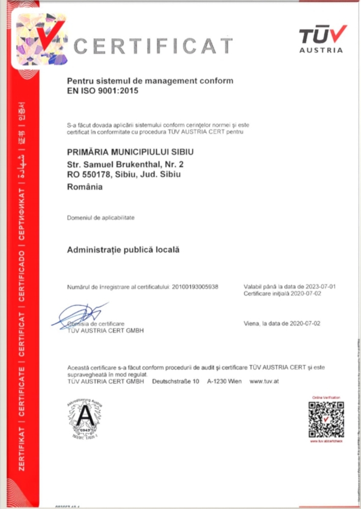 Primăria Sibiu a obținut certificarea ISO pentru administrație de calitate și accesibilă locuitorilor prin tehnologie