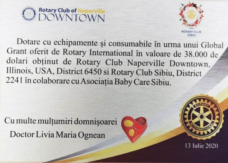 Donații de echipamente medicale în valoare de 38.000 de dolari pentru Secția Neonatologie a SCJU Sibiu din partea Rotary Club