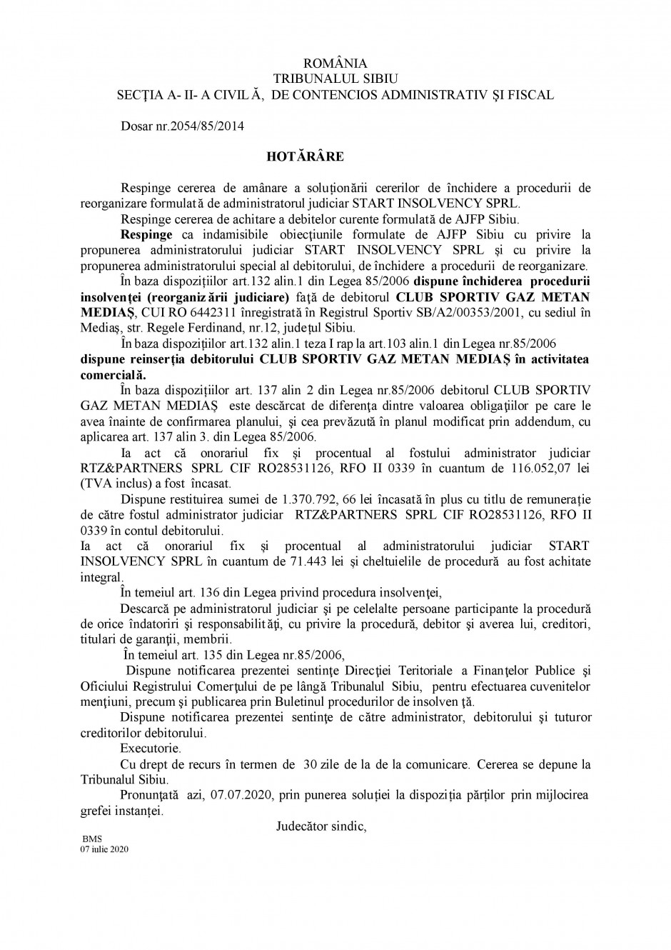 Gaz Metan Mediaș a ieșit din insolvență