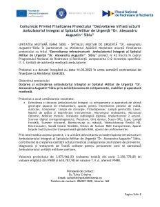 Comunicat de presă privind finalizarea proiectului “Dezvoltarea infrastructurii Ambulatoriul Integrat al Spitalul Militar de Urgență “Dr. Alexandru Augustin“ Sibiu”
