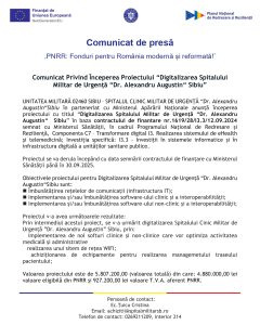 Comunicat privind începerea Proiectului ”Digitalizarea Spitalului Militar de Urgență ”Dr. Alexandru August” Sibiu